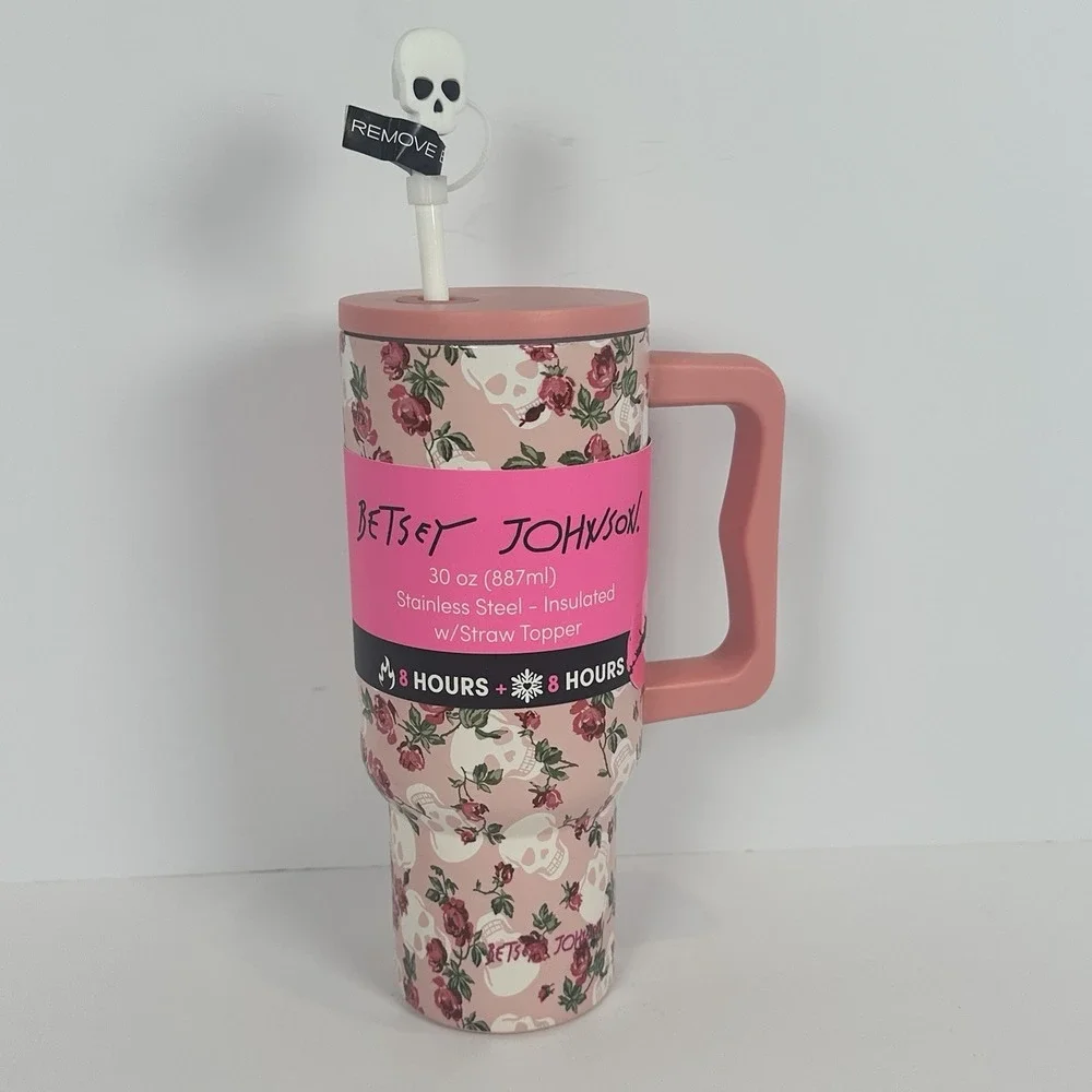 Betsey Johnson Skull Rose Pink 30oz Tumbler Handle Straw Insulated